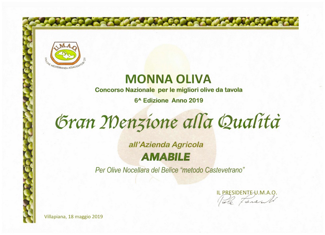 Concorso Monna Oliva 2019, gran mezione qualità per Olive in Salamoia (metodo Castelvetrano) Azienda Agricola Amabile
